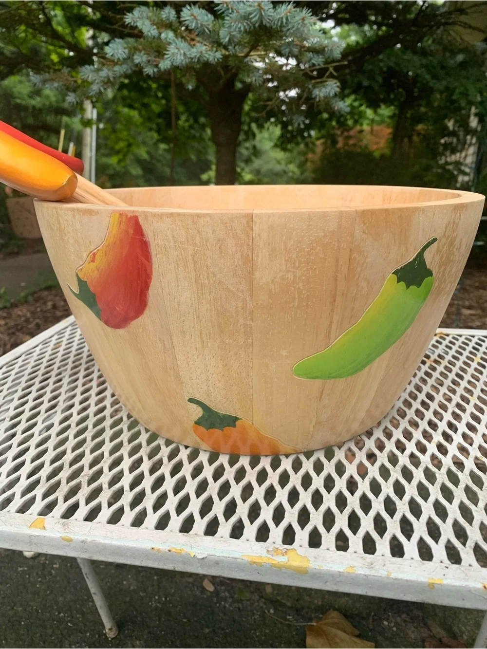 Clay Art Wooden Salad Bowl Colorful Chili Pepper Handles Serving Set Kitchen
